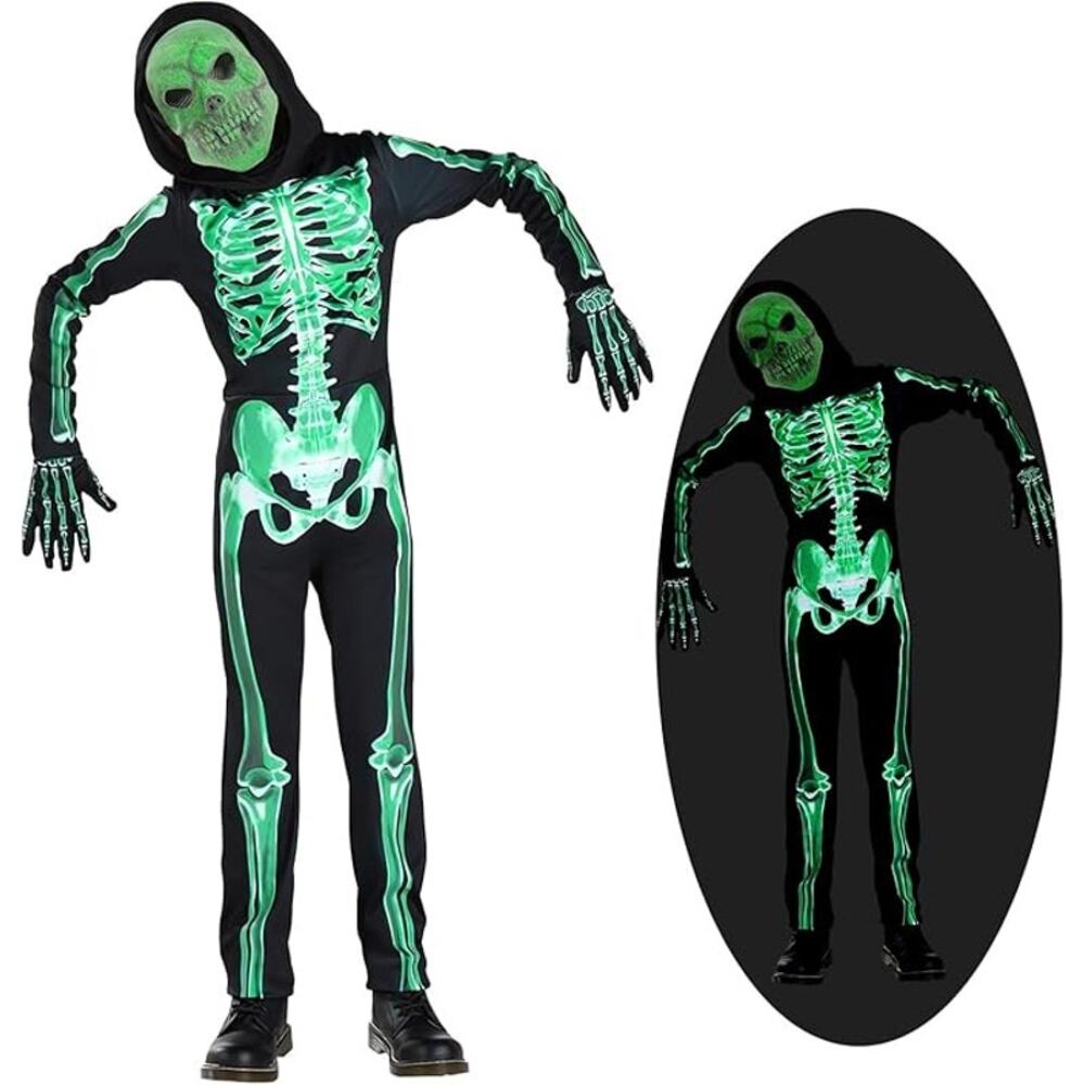Skeleton Costume Glow in the Dark Mask Gloves size XS Fits Toddler 3-4